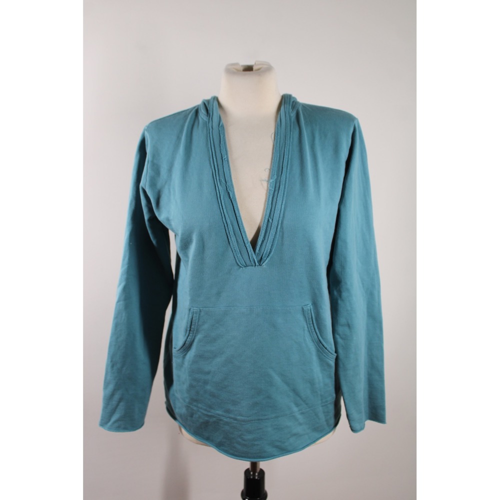 WinterSilks M Teal Blue Spun Silk Cotton V-Neck Hoodie Kangaroo Pocket Raw Hem